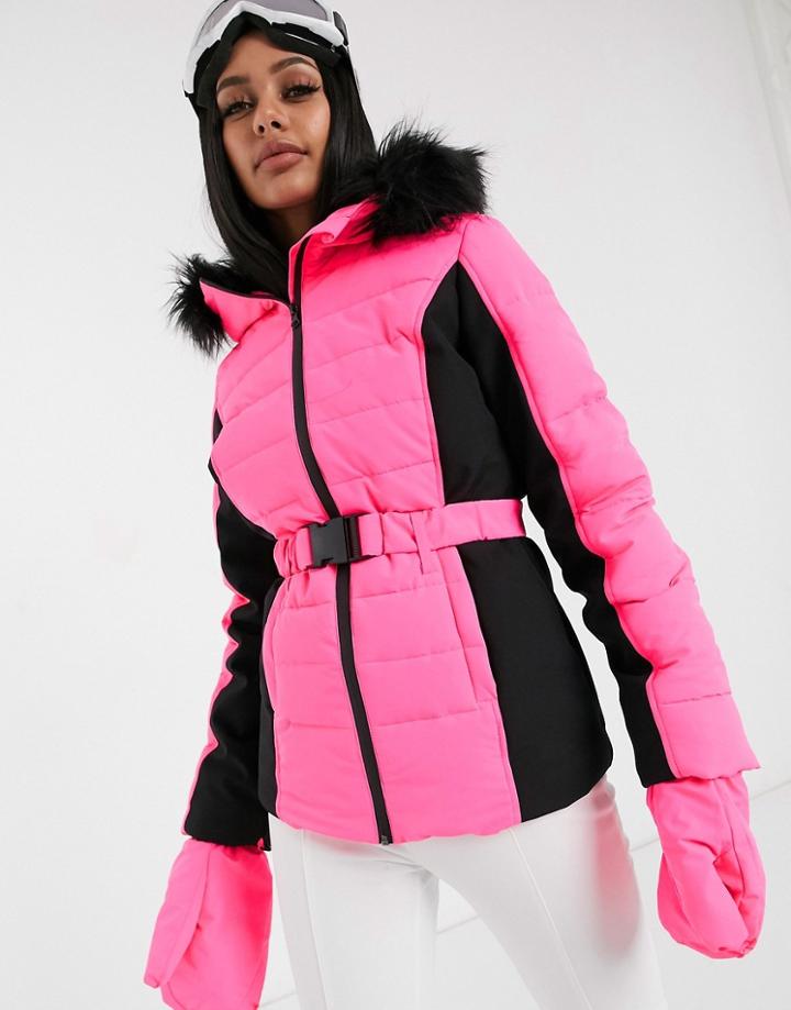 Missguided Ski Belted Jacket With Fur Hood In Pink