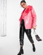 Topshop Pu And Faux Fur Trim Belted Coat In Pink