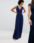 Tfnc Wrap Front Maxi Bridesmaid Dress With Tie Back - Navy