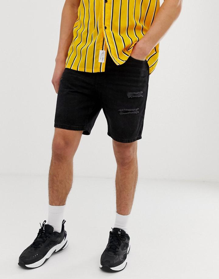 Bershka Slim Fit Denim Shorts With Rips In Black - Black