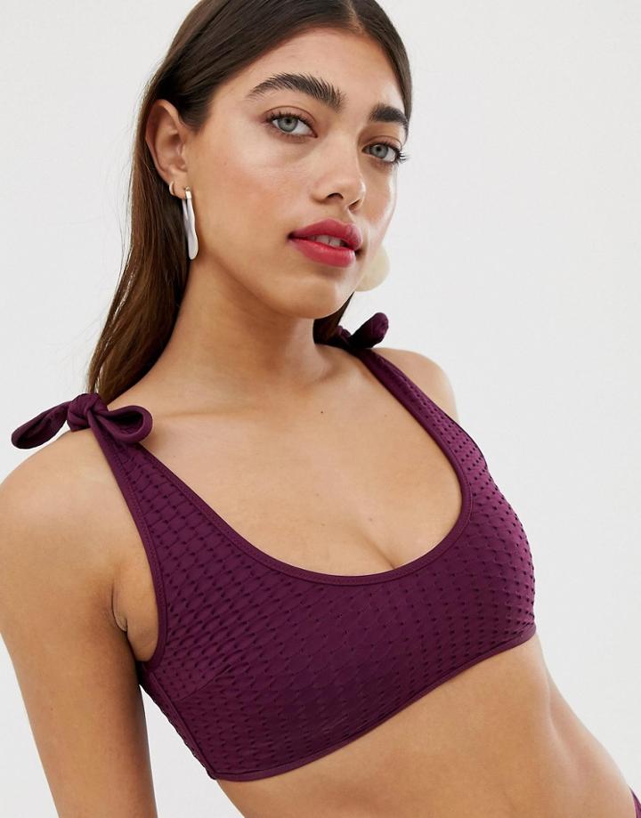 Asos White Textured Tie Up Bikini Top-brown