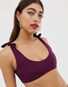 Asos White Textured Tie Up Bikini Top-brown
