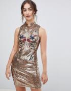 Hope & Ivy Sleeveless Sequin Mini Dress With Chinoisery Embroidery In Gold - Gold