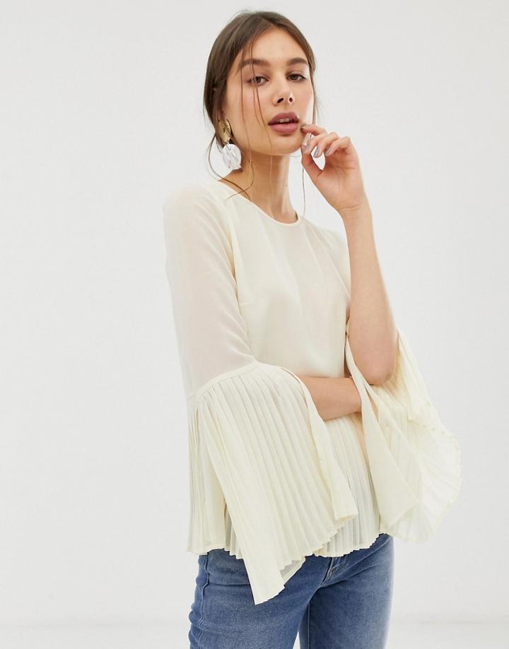 Asos Design Long Sleeve Pleated Top With Split Sleeve Detail - Cream
