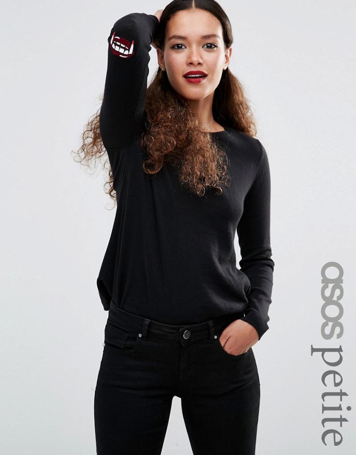 Asos Petite Jumper With Halloween Fangs Elbow Patch - Black