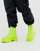 Asos Design Lace Up Faux Leather Boot In Neon Green With Chunky Sole - Green