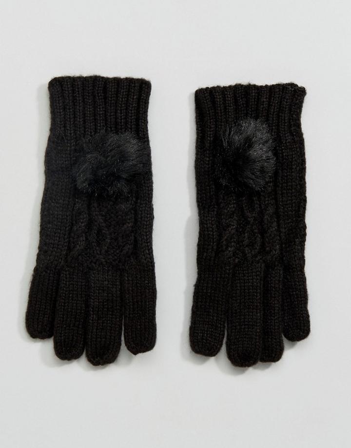 New Look Faux Fur Pom Cable Gloves - Black