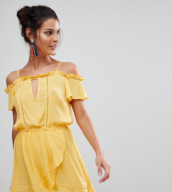 River Island Frill Front Bardot Beach Dress - Yellow