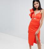 Asos Design Tall Frill One Shoulder Scuba Bodycon Dress With Midriff - Red