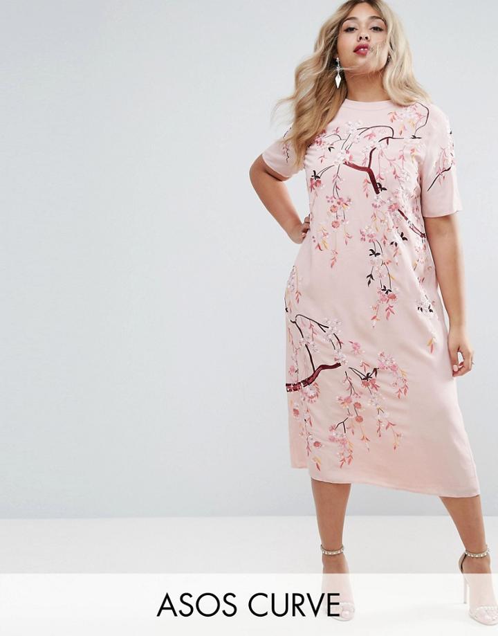 Asos Curve Embroidered Enchanted Midi Shift Dress - Pink