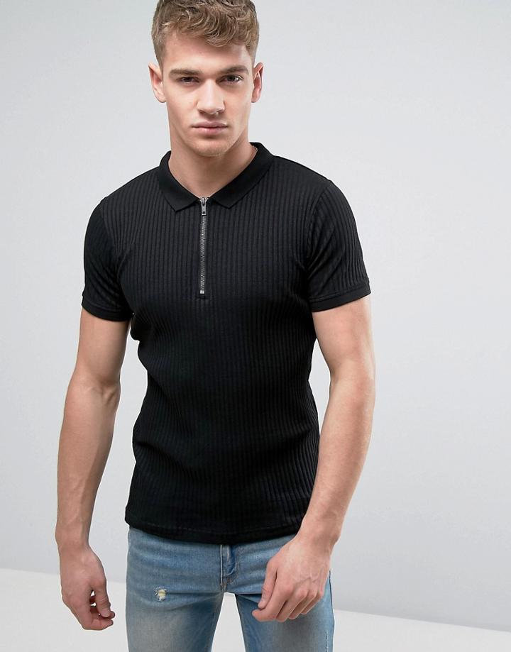 Brave Soul Muscle Fit Zip Polo - Black