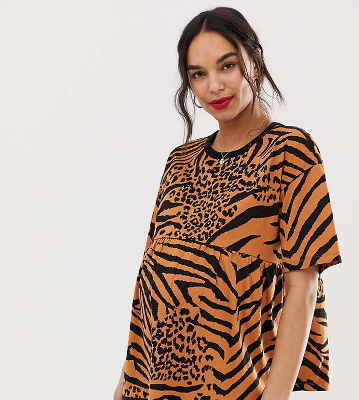 Asos Design Maternity Smock Top In Mixed Animal - Brown