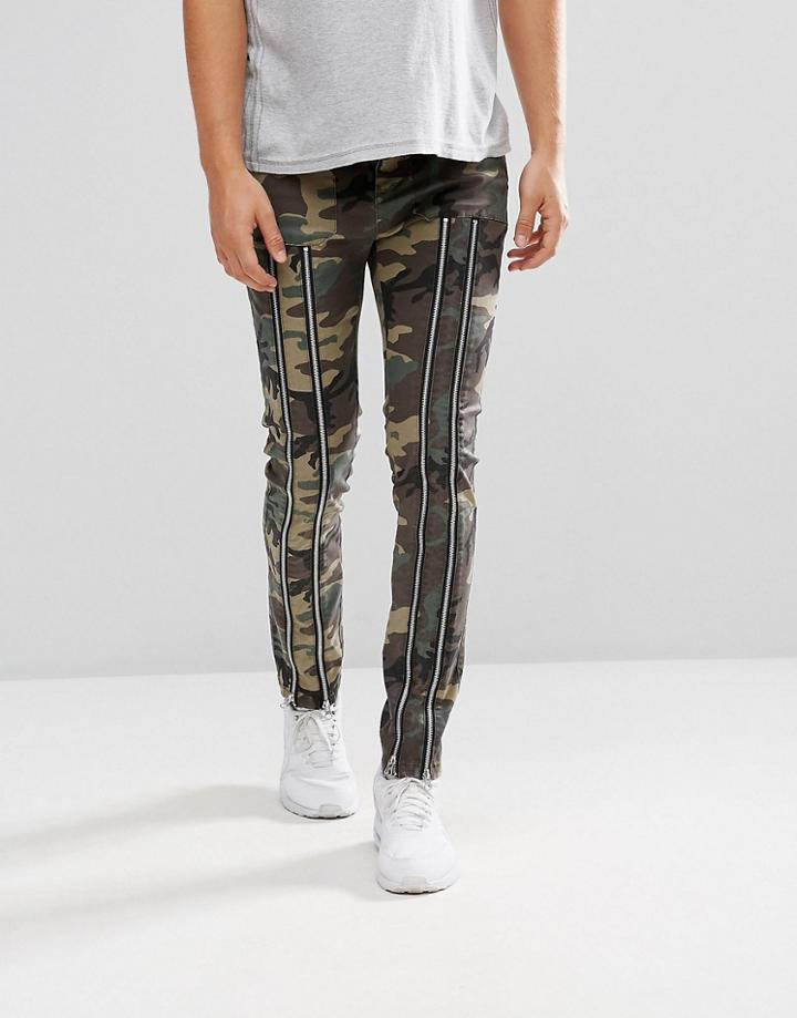 Asos Skinny Pants With Zip Detail And Camo Print - Green