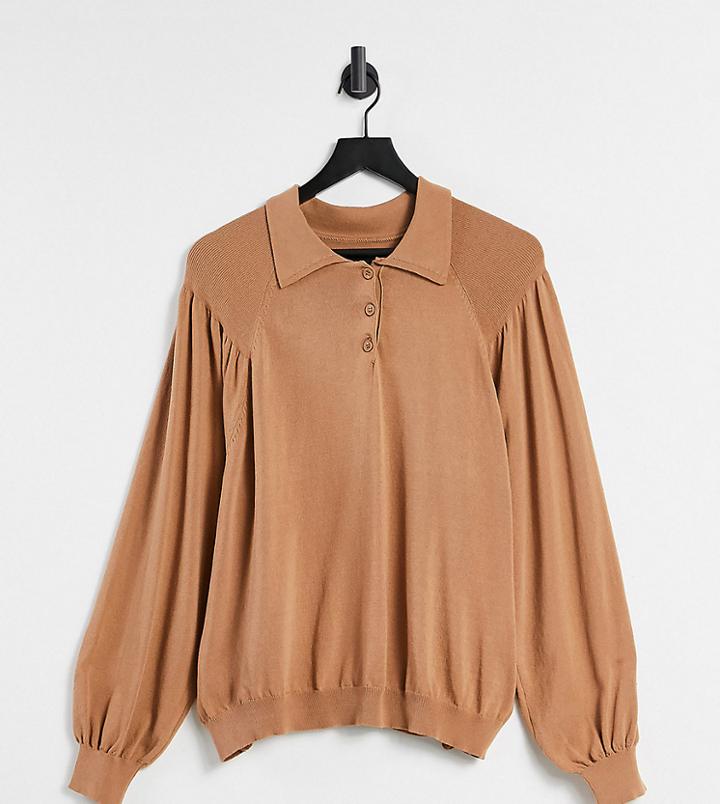 Asos Design Maternity Sweater With Collar And Volume Sleeve In Camel-neutral