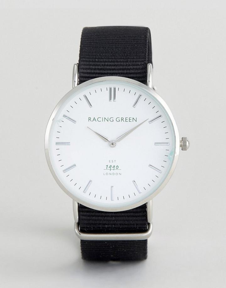Racing Green Black Strap Watch With Round White Dial - Black