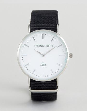Racing Green Black Strap Watch With Round White Dial - Black