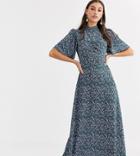 Fashion Union Tall High Neck Midaxi Tea Dress With Flutter Sleeve-green