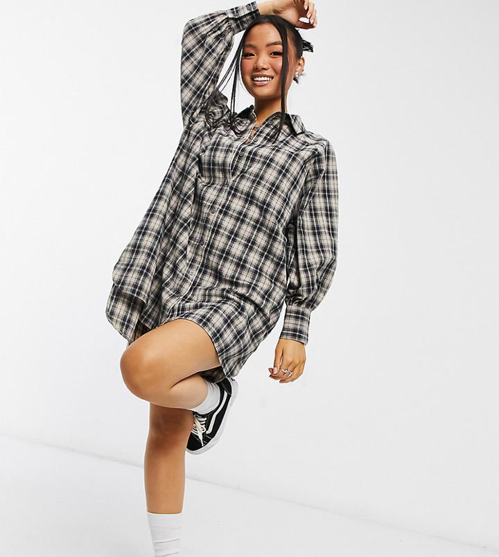 Asos Design Petite Oversized Boyfriend Mini Shirt Dress In Cream Black Check-multi