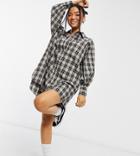 Asos Design Petite Oversized Boyfriend Mini Shirt Dress In Cream Black Check-multi