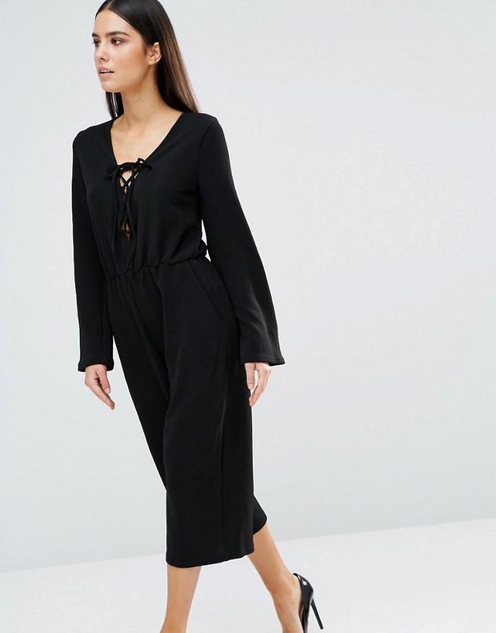 Ax Paris Lace Up Culotte Jumpsuit - Black