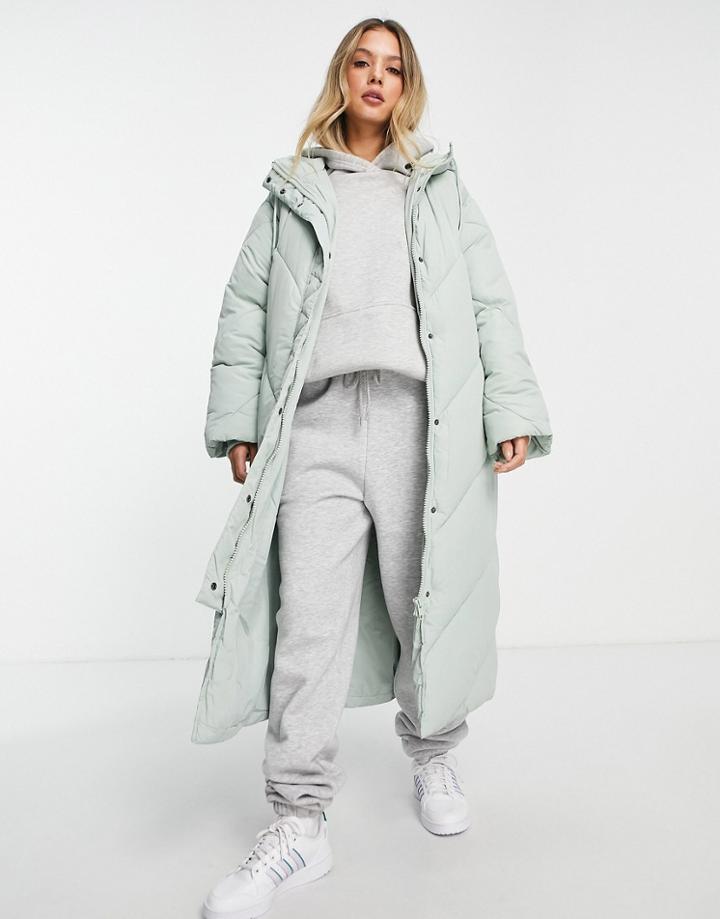 Monki Recycled Long Hooded Padded Coat In Sage Green