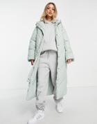 Monki Recycled Long Hooded Padded Coat In Sage Green