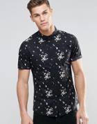 Asos Skinny Fit Shirt With Floral Print In Black And Short Sleeve - Ecru