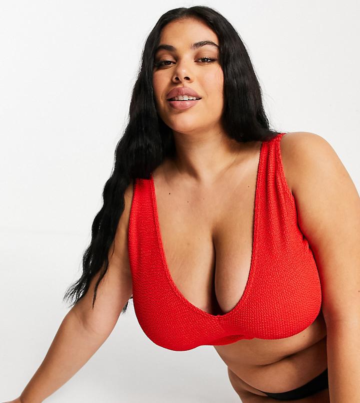 Asos Design Curve V Neck Crinkle Crop Bikini Top In Red
