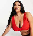 Asos Design Curve V Neck Crinkle Crop Bikini Top In Red