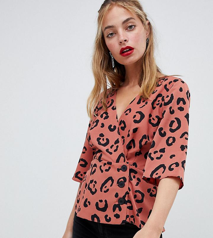 Asos Design Petite Wrap Top With Button Detail In Animal Print - Multi