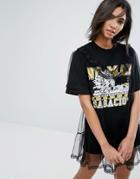Stylenanda Oversized T-shirt Dress With Varsity Print And Mesh Overlay - Black