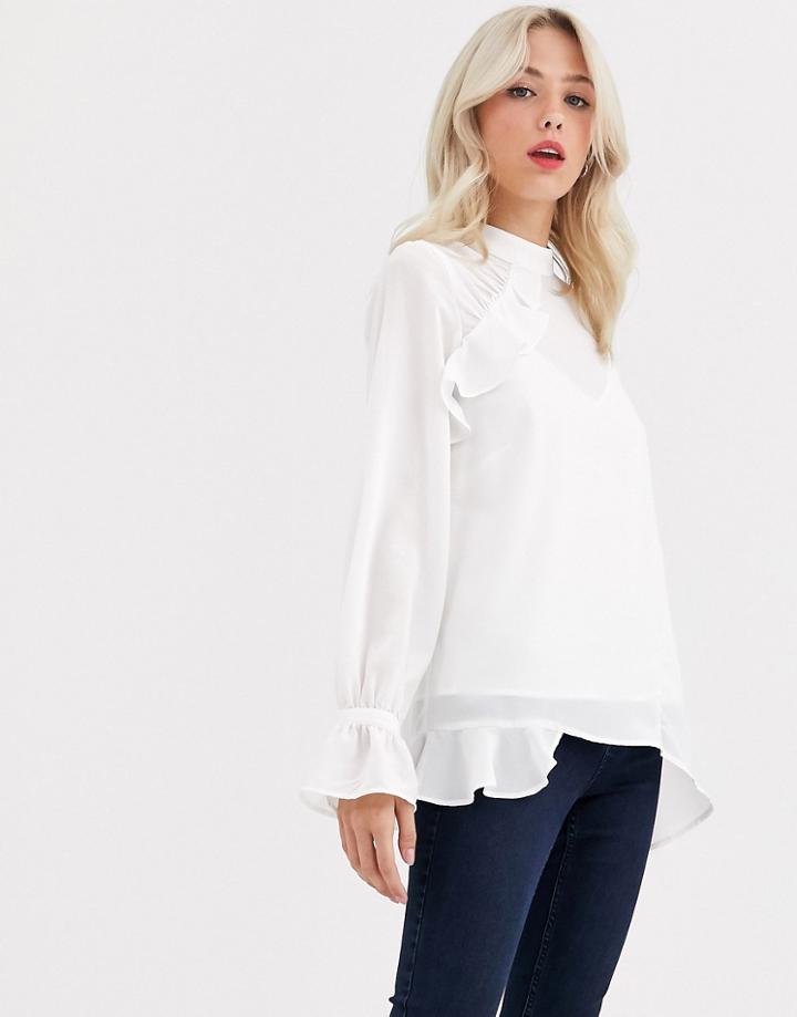 Asos Design Long Sleeve High Neck Top With Asymmetric Hem-white