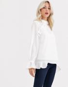 Asos Design Long Sleeve High Neck Top With Asymmetric Hem-white