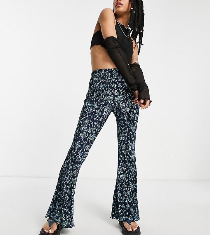 Topshop Petite Plisse Flare Pants Print In Floral-multi