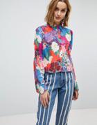 Lost Ink Shirt In Floral With Shirred Bell Sleeve - Multi