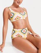 Monki Nilla Recycled Crop Bikini Top In Mosaic Print-multi