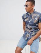 New Look Shirt In Muscle Fit With Floral Print In Blue - Blue