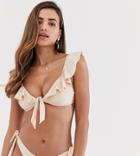South Beach Off Shoulder Tie Front Bikini Top In Blush-beige