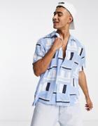 Selected Homme Revere Short Sleeve Shirt In Blue Block Print