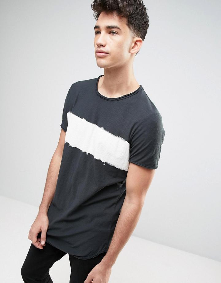 Pull & Bear Longline T-shirt With Tie Dye Stripe In Black - Black