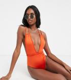 Asos Design Tall Braid Strap Belted Swimsuit In High Shine Orange