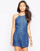Influence Romper With Embroidered Trim - Chambray Denim