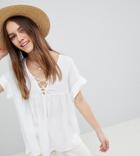 Asos Design Petite Smock Tunic With Lace Up Detail - White