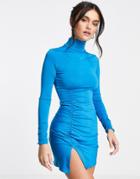 Pull & Bear Long Sleeve Polo Neck Mini Dress With Ruched Detail In Blue