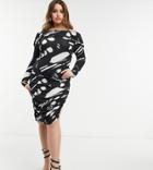 Asos Design Curve Off Shoulder Ruched Sleeve Midi Dress In Brush Stroke Print-multi