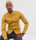 Asos Design Tall Stretch Slim Smart Shirt In Mustard With Grandad Collar-yellow