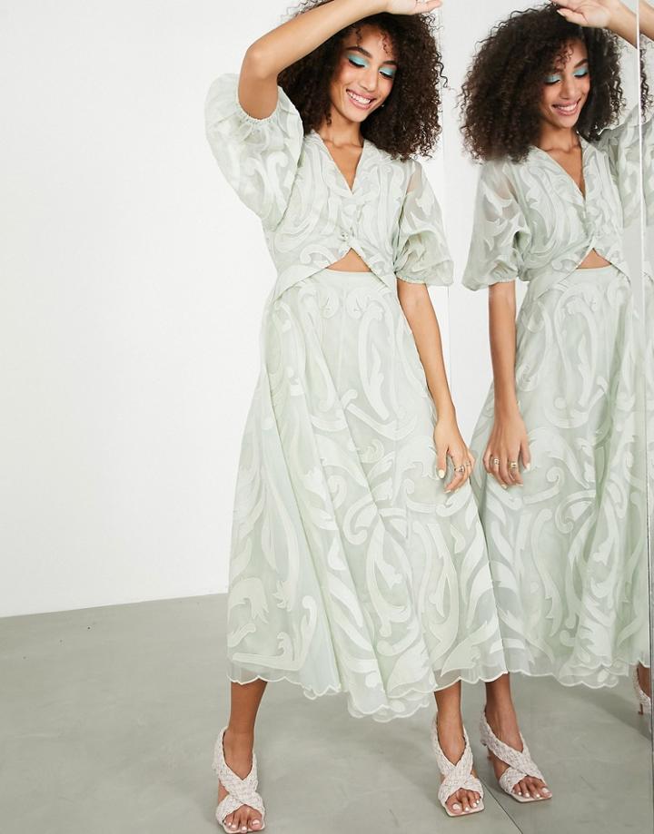 Asos Edition Midi Dress In Organza With Applique Embroidery In Sage Green