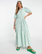 Asos Design Gathered Tiered Midi Dress In Green Picnic Check-multi