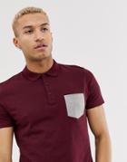 Asos Design Polo Shirt With Contrast Pocket In Burgundy-red