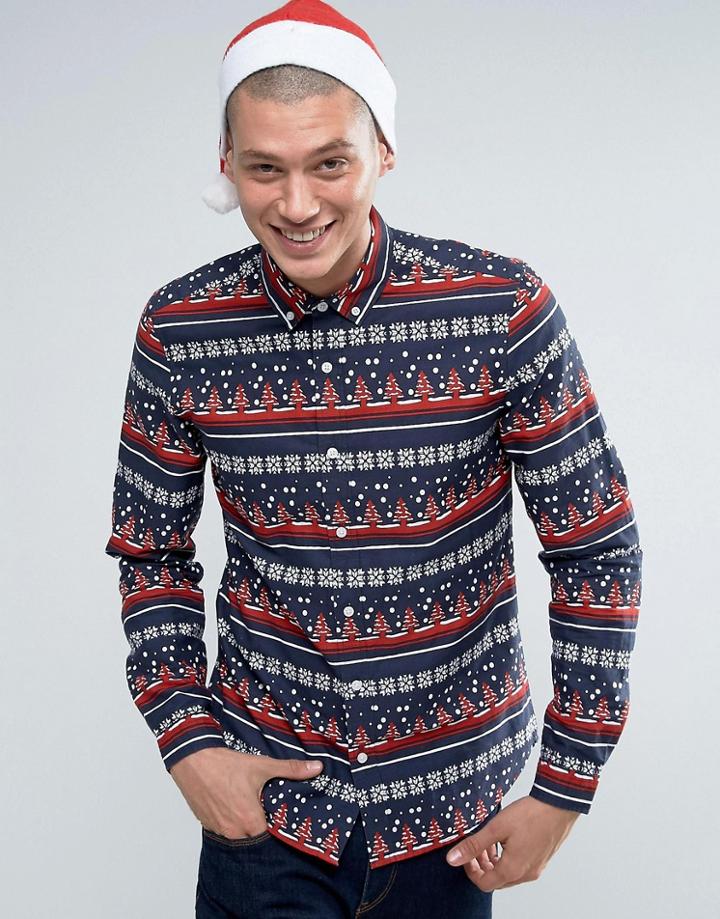 Asos Holidays Tree Print Shirt In Navy - Navy